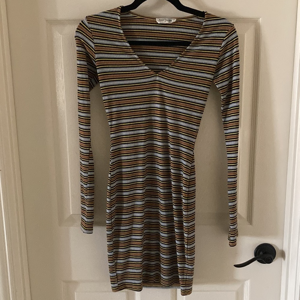 Bear Dance Ribbed Bodycon V-Neck Mini Dress Striped Long Sleeve Small Like New